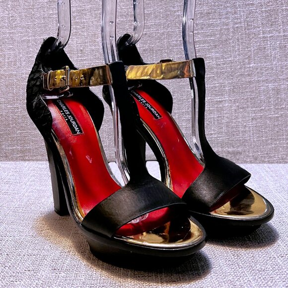 Vintage CHARLES JOURDAN PARIS Open Toe Leather T-Strap Platform High Heels Black - Picture 2 of 15